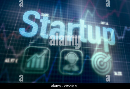 Startup concept on a blue dot matrix computer display. Stock Photo