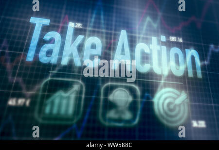 Take Action concept on a blue dot matrix computer display. Stock Photo