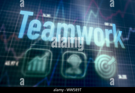 Teamwork concept on a blue dot matrix computer display. Stock Photo