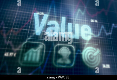Value concept on a blue dot matrix computer display. Stock Photo