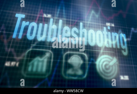 Troubleshooting concept on a blue dot matrix computer display. Stock Photo