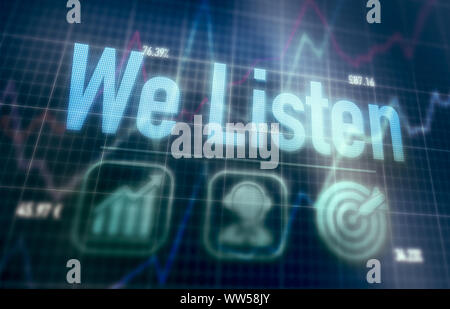We Listen concept on a blue dot matrix computer display. Stock Photo