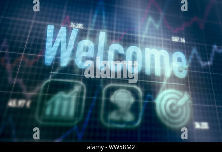 Welcome concept on a blue dot matrix computer display. Stock Photo