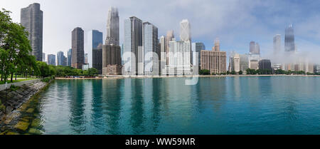 City skyline in the fog, Chicago, Illinois, United States Stock Photo