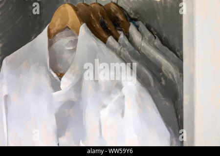 watercolor illustration: White smocks on wooden hangers hang in the cupboard of a laboratory Stock Photo