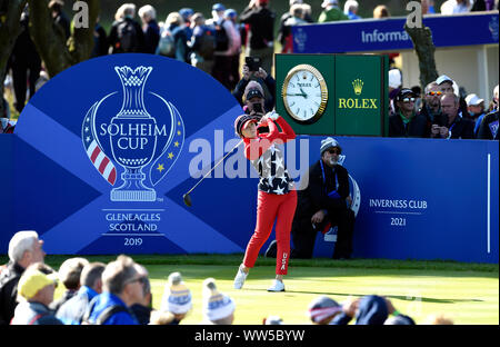 Team USA's Brittany Altomare tees off the 11th during the Foursomes match on day one of the 2019 Solheim Cup at Gleneagles Golf Club, Auchterarder. Stock Photo
