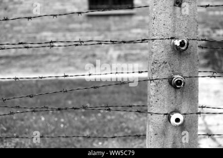 Electric barbed wire fence, death camp Auschwitz I, Auschwitz, Lesser Poland, Poland, Europe Stock Photo