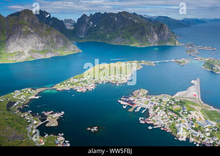 Amazing view from Reinebringen view point. Mountains and blue sea at ...