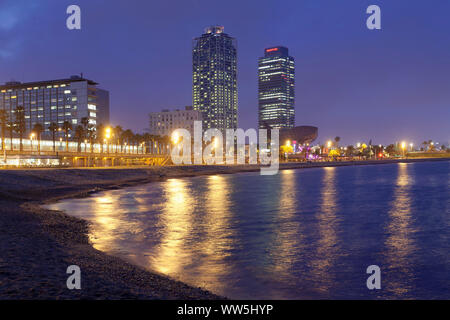 Barceloneta beach, Port Olimpic, Mapfre Tower, Arts Tower, Peix, fish sculpture by Frank Owen Gehry, Barcelona, Catalonia, Spain Stock Photo