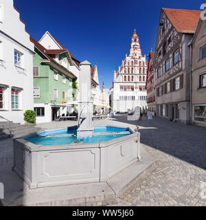 Fountain and city hall, Bad Waldsee, Upper Swabia, Baden-Wuerttemberg, Germany Stock Photo