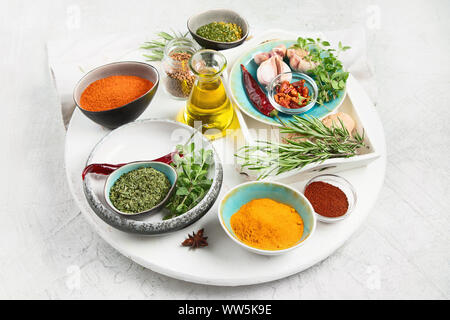 Fresh and dried herbs and spices. Cooking, healthy eating concept. Stock Photo