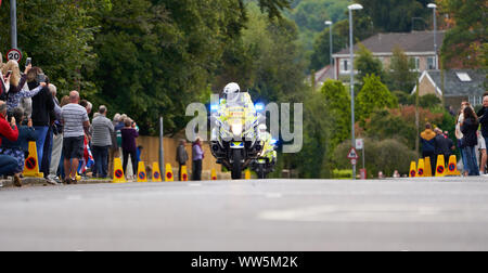 WHICKHAM, NEWCASTLE UPON TYNE, ENGLAND, UK - SEPTEMBER 09, 2019: Two Police support bikes with Flashing blue lights at the first sprint points line of Stock Photo