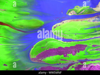Green, blue and silver acrylic paint in a chaotic "dirty pour" technique. Stock Photo