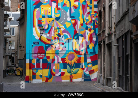 Street art in Central Brussels, Belgium, advertising the annual Balkan Trafik festival Stock Photo