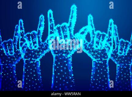 Rock sign gesture for music festival. Abstract Low Poly. Wireframe design. From connecting dot and line. Vector Illustration Stock Vector