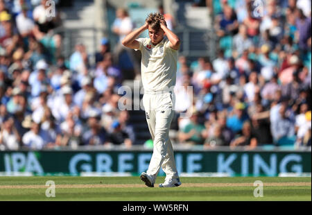 England's Sam Curran appeals unsuccessfully for the wicket of Australia's Steve Smith during day two of the fifth test match at The Oval, London. Stock Photo