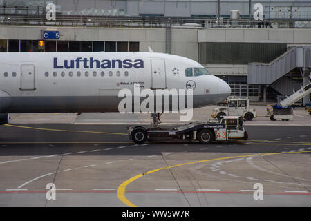 "Frankfurt, Hesse/Germany - 07/11/2019: White Lufthansa Airbus airplane driving into the Frankfurt Airport on the tarmac." Stock Photo