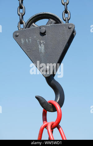 Hooks, old wood hoisting crane at Varel harbour, Varel, Lower Saxony, Germany, Europe Stock Photo