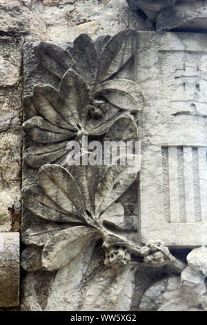 Stone decorative masverk in ancient Cathedral. Architectural details on building, stone carving, aesthetic frills. Sankt Christophorus Autobahnkirche Stock Photo