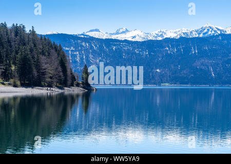 Germany, Bavaria, Walchensee, Walchensee in front of the landscape of the Karwendel in spring Stock Photo