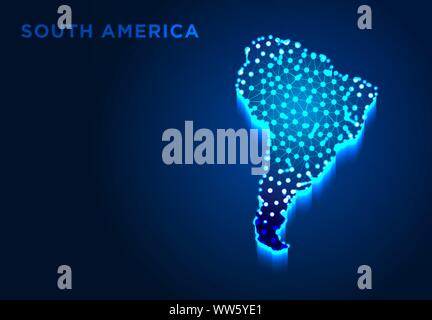 South America Continent in Blue Silhouette, Abstract Low poly Designs, from line and dot wireframe, Vector Illustration Stock Vector