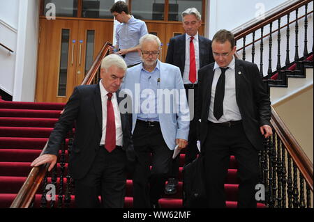 Glasgow, UK. 13 Sept 2019. Pictured: left - right) John McDonnell MP - Shadow Chancellor; Jeremy Corbyn MP - Leader of the Labour Party; Richard Leornard MSP - Leader of the Scottish Labour Party; unknown. Scottish Labour Leader Richard Leonard and Labour's Shadow Chancellor John McDonnell deliver keynote speeches on their plans to redistribute power and wealth and how an incoming Labour Government will deliver radically transformative polices for Scotland's economy.  Credit: Colin Fisher/Alamy Live News Stock Photo