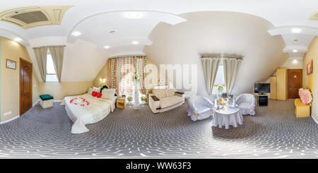 360 degree panoramic view of MINSK, BELARUS - MAY, 2018: full seamless spherical hdri panorama 360 degrees angle in interior of boudoir room for newlyweds in elite hotel in equire