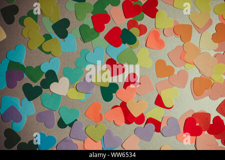 Paper rainbow colors hearts flat lay. Love concept, emotions spectrum and fullness of feelings Stock Photo