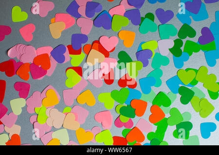 Paper rainbow colors hearts flat lay. Love concept, emotions spectrum and fullness of feelings Stock Photo