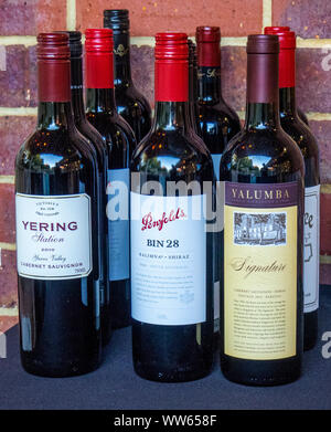 Selection of bottles of premium Australian red wines. Stock Photo
