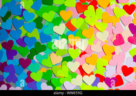 Paper rainbow colors hearts flat lay. Love concept, emotions spectrum and fullness of feelings Stock Photo