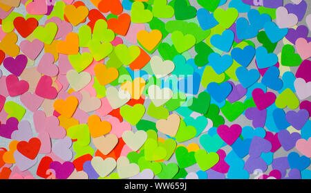 Paper rainbow colors hearts flat lay. Love concept, emotions spectrum and fullness of feelings Stock Photo