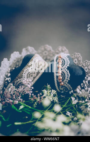 Still life, decoration, two hearts, flowers Stock Photo