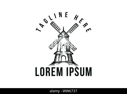 hand drawn wind mill, vintage logo design Stock Vector