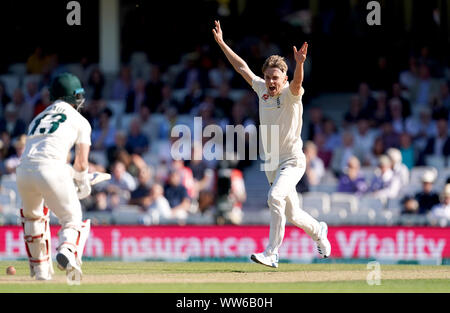 England's Sam Curran successfully appeals for the wicket of Australia's Matthew Wade by LBW during day two of the fifth test match at The Oval, London. Stock Photo