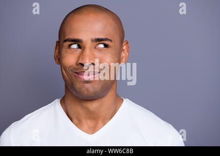 Close-up portrait of nice handsome attractive cheerful cheery foxy guy wearing white shirt looking aside plan isolated over gray pastel background Stock Photo