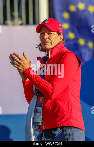 Solheim Cup, Gleneagles, UK. 13th Sep, 2019. The Solheim Cup started with 'foursomes' over the PGA Centenary Course at Gleneagles. MARINA ALEX, representing USA struck the first drive followed by BRONTE LAW representing Europe. Team Captains JULI INkSTER (USA) and CATRIONA MATTHEW (Europe) followed the team round the course. Juli Inkster on the first tee. Credit: Findlay/Alamy Live News Stock Photo