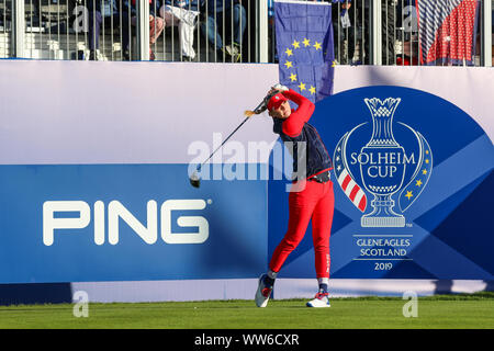 Solheim Cup, Gleneagles, UK. 13th Sep, 2019. The Solheim Cup started with 'foursomes' over the PGA Centenary Course at Gleneagles. MARINA ALEX, representing USA struck the first drive followed by BRONTE LAW representing Europe. Team Captains JULI INKSTER (USA) and CATRIONA MATTHEW (Europe) followed the team round the course. Jessica Korda on the first tee. Credit: Findlay/Alamy Live News Stock Photo