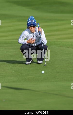 Solheim Cup, Gleneagles, UK. 13th Sep, 2019. The Solheim Cup started with 'foursomes' over the PGA Centenary Course at Gleneagles. MARINA ALEX, representing USA struck the first drive followed by BRONTE LAW representing Europe. Team Captains JULI INKSTER (USA) and CATRIONA MATTHEW (Europe) followed the team round the course. Credit: Findlay/Alamy Live News Stock Photo