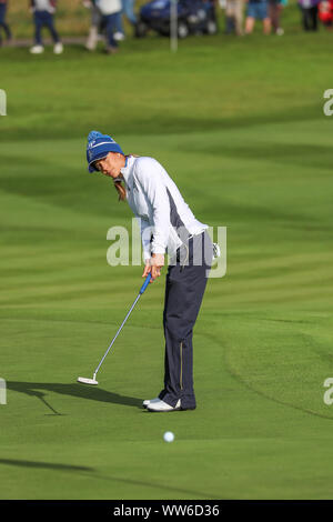 Solheim Cup, Gleneagles, UK. 13th Sep, 2019. The Solheim Cup started with 'foursomes' over the PGA Centenary Course at Gleneagles. MARINA ALEX, representing USA struck the first drive followed by BRONTE LAW representing Europe. Team Captains JULIE INKSTER (USA) and CATRIONA MATTHEW (Europe) followed the team round the course. Credit: Findlay/Alamy Live News Stock Photo