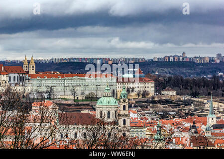 Concrete building estate in the background showing communist building blocks (panelak) Prague, Czech Republic. Stock Photo