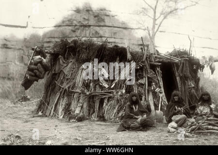 1890s THREE NATIVE AMERICAN HAVASUPAI INDIAN WOMEN LOOKING AT CAMERA WEAVING BASKETS SITTING BY SHELTER GRAND CANYON ARIZONA USA - q73402 CPC001 HARS CANYON HUT ARIZONA TWIGS BASKETS NATIVE AMERICAN BASKET WEAVER DWELLING MID-ADULT MID-ADULT WOMAN NATIVE AMERICANS WEAVING AZ BLACK AND WHITE GRAND CANYON HAVASUPAI HOGAN INDIGENOUS OLD FASHIONED Stock Photo