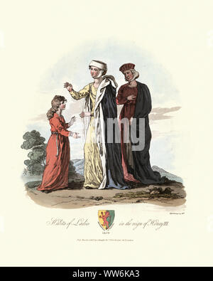 Vintage engraving of  Medieval women's fashions, Habiots of Ladies in the reign of Henry III, 13th Century. Ancient costumes of England, 1813 Stock Photo