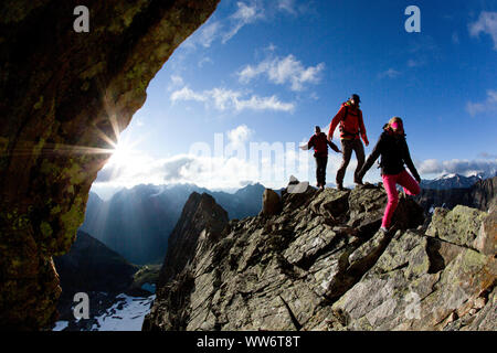 Climber on summit ridge of Parstleswand, Kaunergrat, Ã–tztaler Alps, Tyrol, Austria Stock Photo
