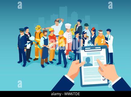 Recruitment of a job candidate concept. Vector of a businessman hand holding a  CV profile of an professional employee or worker Stock Vector