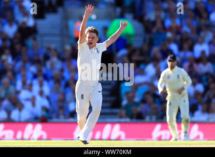 England's Sam Curran appeals unsuccessfully on the wicket of Australia's Sam Smith during day two of the fifth test match at The Oval, London. Stock Photo