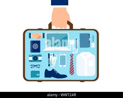 Vector of a business man hand with suitcase with objects inside. Travel and luggage concept Stock Vector