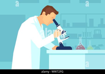 Vector of a man scientist or clinical pathologist looking into a microscope with laboratory and equipment background Stock Vector