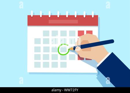 Vector of a business man hand with pen marking important day on calendar. Stock Vector