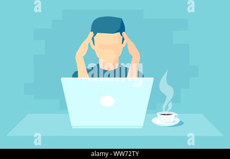 Vector of an overworked man with headache working on laptop feeling under stress Stock Vector